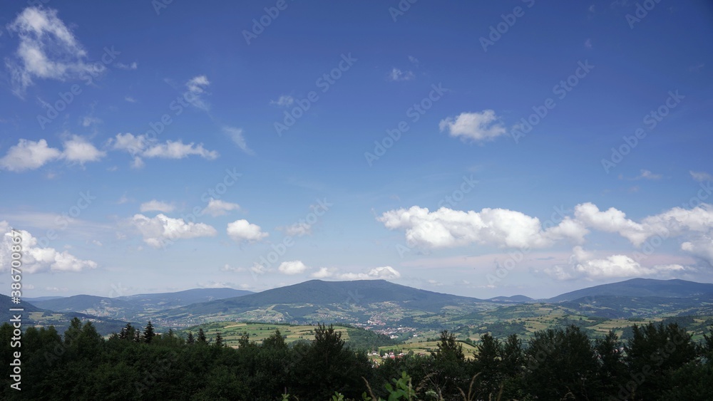 July in the Beskid Mountains, view of the valley and peaks
