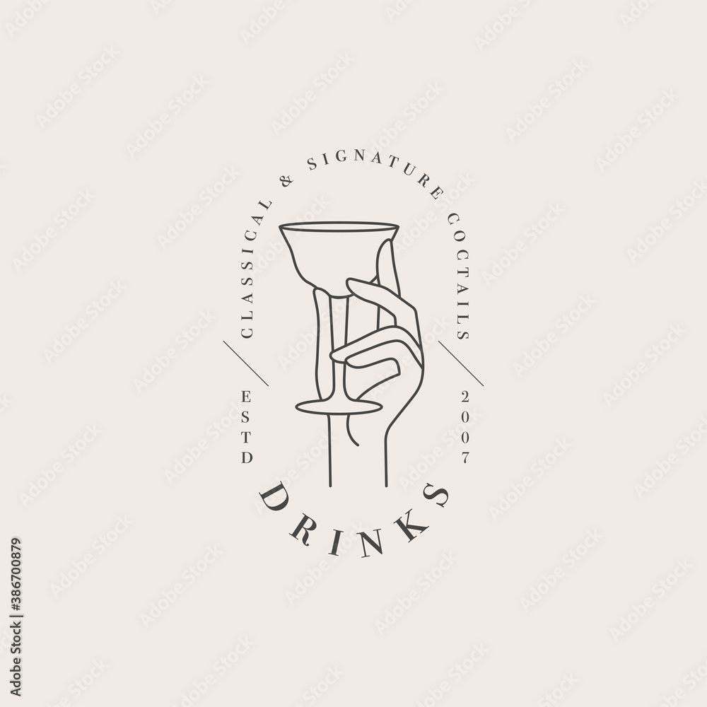 Vector design linear template logo or emblem - hand with glass of drink. Abstract symbol for cafe or bar. - obrazy, fototapety, plakaty 