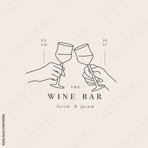 Vector design linear template logo or emblem - hand with glass of drink. Abstract symbol for cafe or bar.