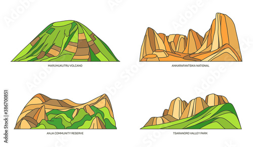Madagascar landmarks or Africa travel icon set