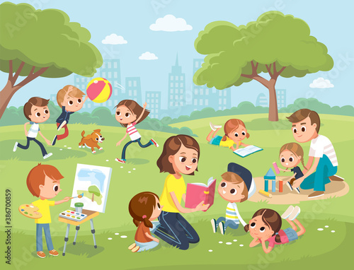 Parents with kids at the park. Mum reading book to children. Boy drawing the watercolor. Teacher reading book to children. Daddy playing with daughter.