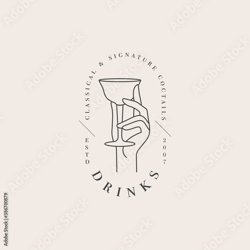 Vector design linear template logo or emblem - hand with glass of drink. Abstract symbol for cafe or bar.
