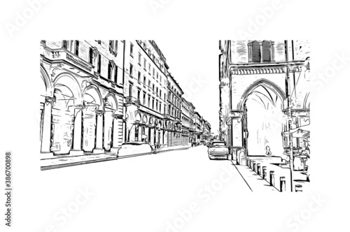 Building view with landmark of Bologna is the capital and largest city of  Northern Italy. Hand drawn sketch illustration in vector.