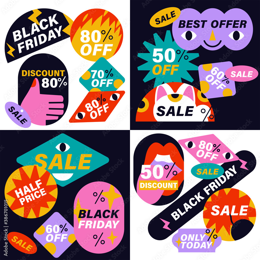 Vector set of sale discount black friday stickers, labels, badges or tags. Modern and colorful promotion marketing.