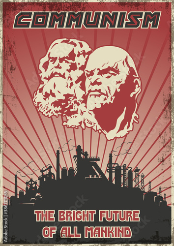 Old Soviet Communism Propaganda Poster Style Illustration, Industrial Background 
