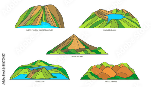 Philippines nature landmarks or travel icon set
