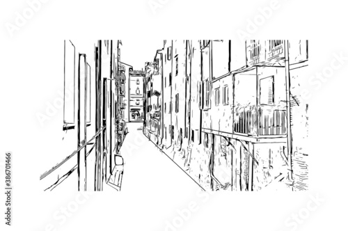 Building view with landmark of Bologna is the capital and largest city of  Northern Italy. Hand drawn sketch illustration in vector.