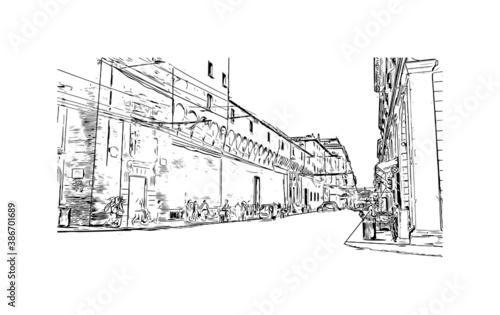 Building view with landmark of Bologna is the capital and largest city of  Northern Italy. Hand drawn sketch illustration in vector.