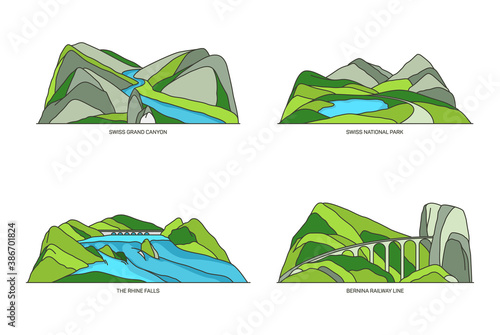 Switzerland landmarks or Swiss linear icon set
