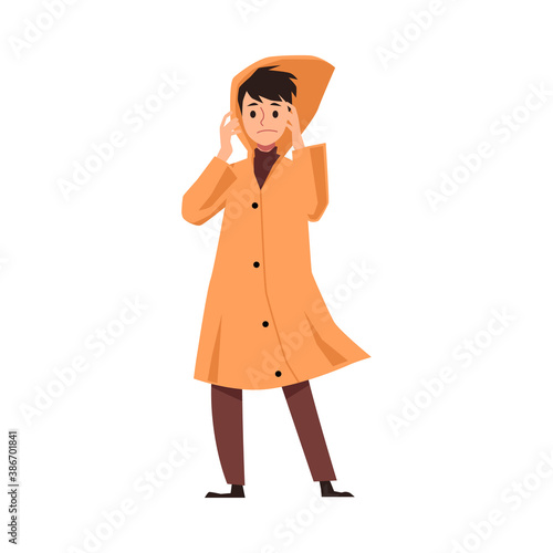 Man in raincoat protected from autumn weather flat vector illustration isolated.