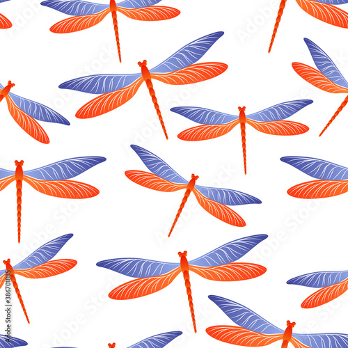 Dragonfly cool seamless pattern. Spring clothes textile print with damselfly insects. Close up 