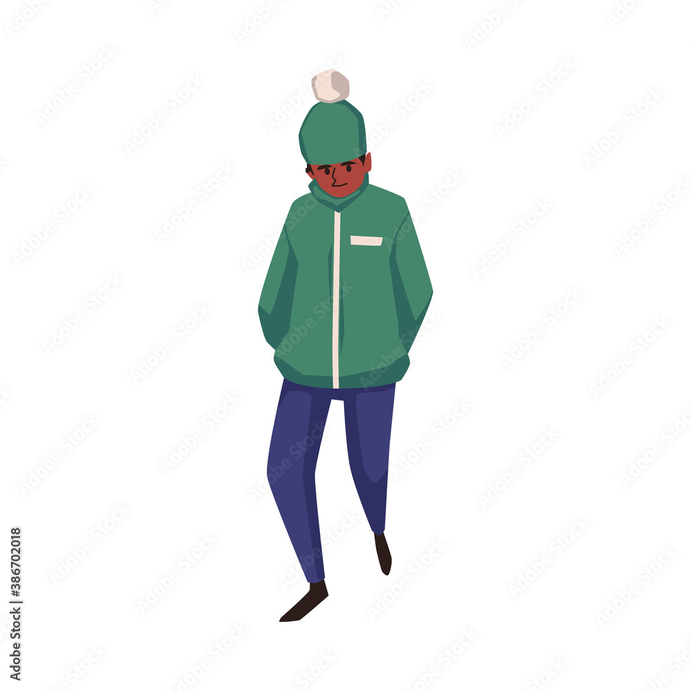 Vector illustration of young man in warm clothes walking in windy weather