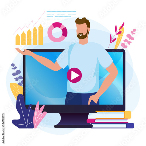 Online webinar. E-learning, training podcast concept with video lector man, business coaching.