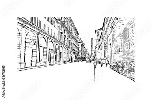 Building view with landmark of Bologna is the capital and largest city of  Northern Italy. Hand drawn sketch illustration in vector.