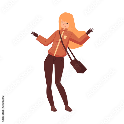 Unhappy warm dressed woman dodges of autumn wind, flat vector illustration.