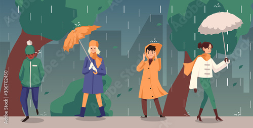 Autumn background with people under the rain in city, flat vector illustration.