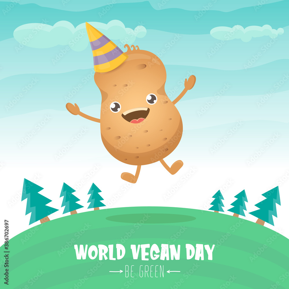 Obraz premium World vegan day greeting card with funny cartoon cute brown smiling tiny potato isolated on on green summer forest background background. Vegan day banner. vegetable funky character