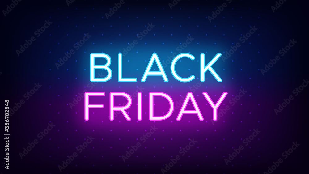 Black Friday sale banner in neon style. Promo banner with glowing neon text of Black Friday