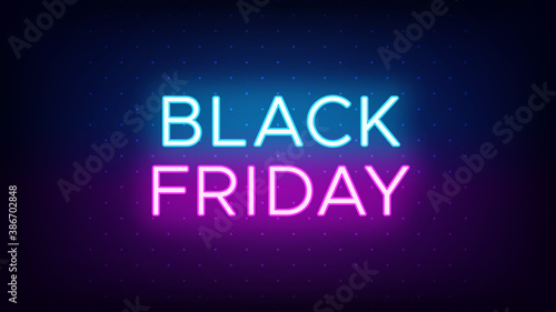 Black Friday sale banner in neon style. Promo banner with glowing neon text of Black Friday