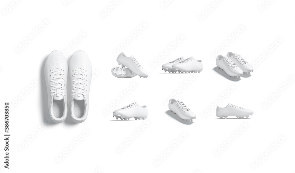 Blank white soccer boot with rubber cleats mockup, different sides Blank white soccer boot with rubber cleats mockup, different sides