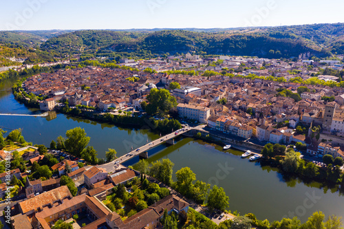 Fly over a picturesque city Cahors and Lot river. Southern France