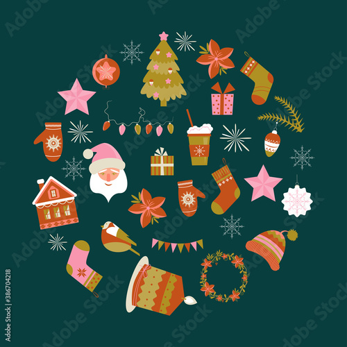 Christmas set, cute seasonal elements, vector illustration in flat style