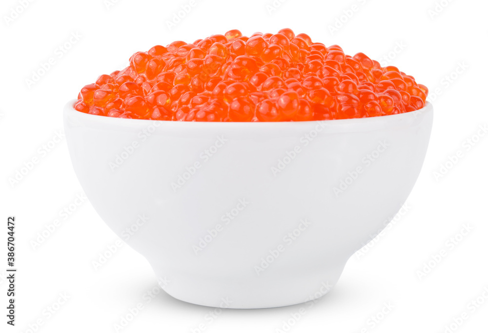 Red tasty salted caviar or fish eggs in white bowl isolated on white background Red tasty salted caviar or fish eggs in white bowl isolated on white background