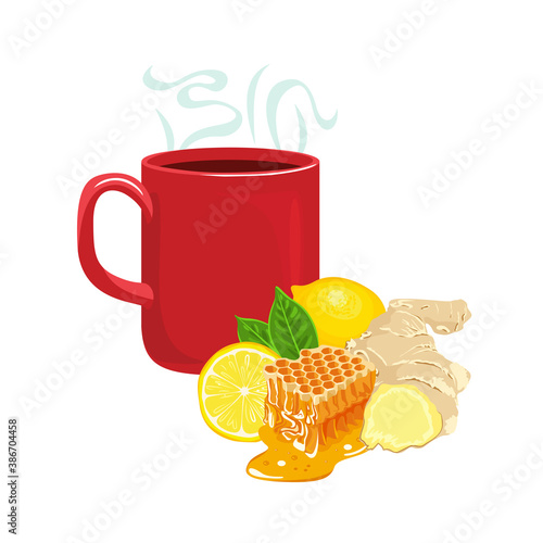 Red cup with steaming hot tea. Ginger drink with honey and lemon.  Vector illustration in cartoon flat style. 