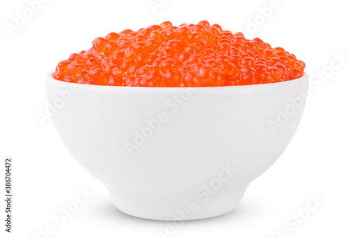 Red tasty salted caviar or fish eggs in white bowl isolated on white background