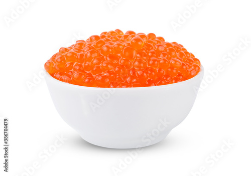 Red tasty salted caviar or fish eggs in white bowl isolated on white background