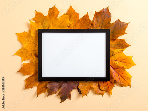 Frame and autumn leaves on a yellow background, mockup for design, place for text, concept of autumn. Copy space.