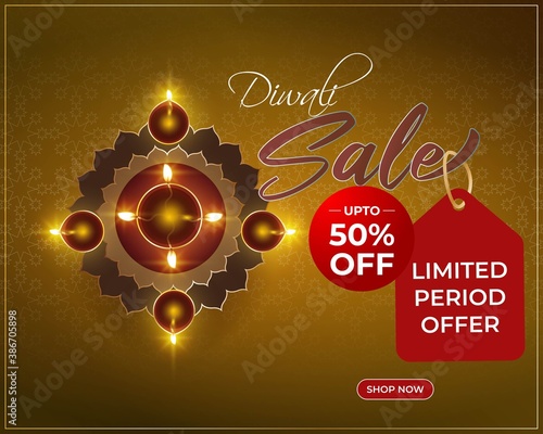 Diwali Festive Season Sale banner, up to 50% cashback. Limited offer Dipawali, Indian festival, diya lamp, oil lamp, colorful bokeh background, vector illustration offer banner, advertisement
