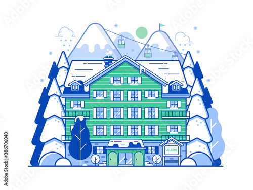 Mountain Ski Resort Concept Scene in Line Art