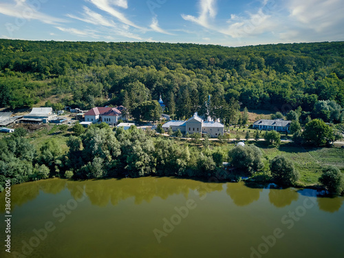 Aerial view of Landscape with lake about Thiganesty Monastery, Moldova republic of. photo