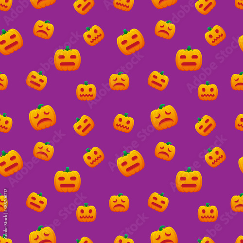 Fototapeta Naklejka Na Ścianę i Meble -  Halloween Pattern Jack O Lantern Pumpkin Expressionless Sad Grimacing Vector Design Background