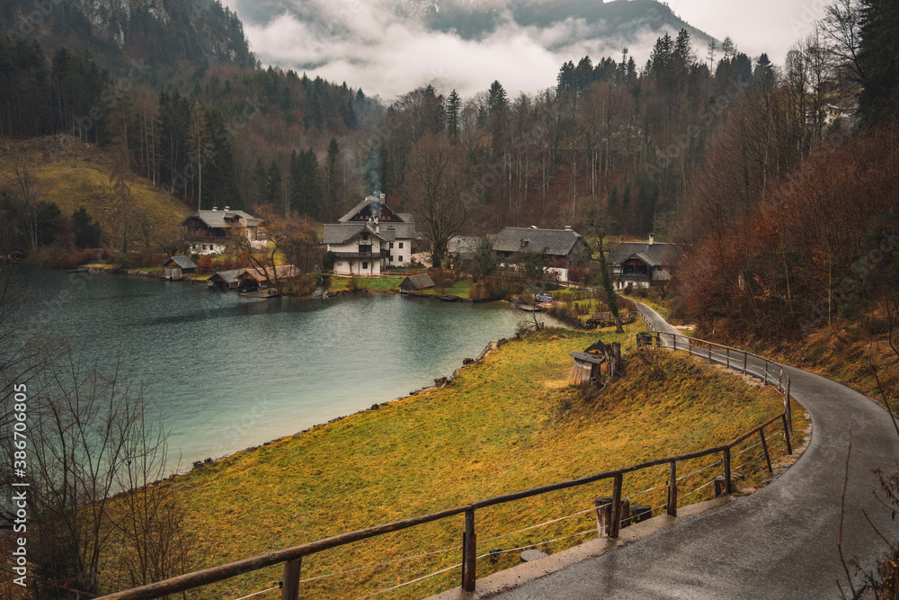 Europe country side rural autumn landmark scenic view in dramatic fall season time asphalt route and small village Europe country side rural autumn landmark scenic view in dramatic fall season time asphalt route and small village