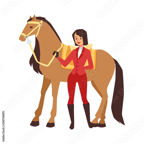Woman in suit for equestrian sport near horse, flat vector illustration isolated.