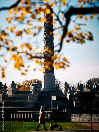 A famous statue in a public park. Monolitten in Frognerparken or Vigelandsparken, Oslo, Norway. photo