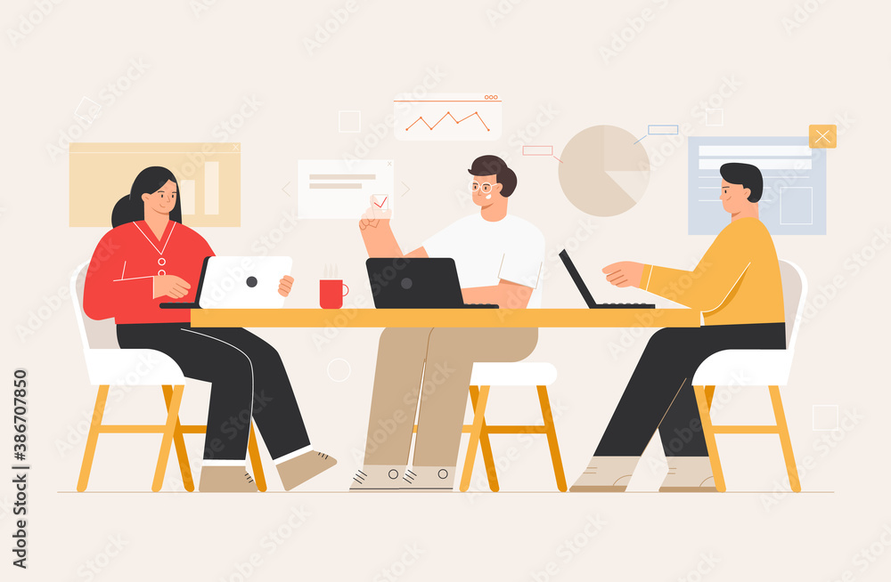 Corporate Business Team People sitting at desk in modern office with flat icon. Coworking Space with Man and Woman with Laptop. Flat style vector illustration.