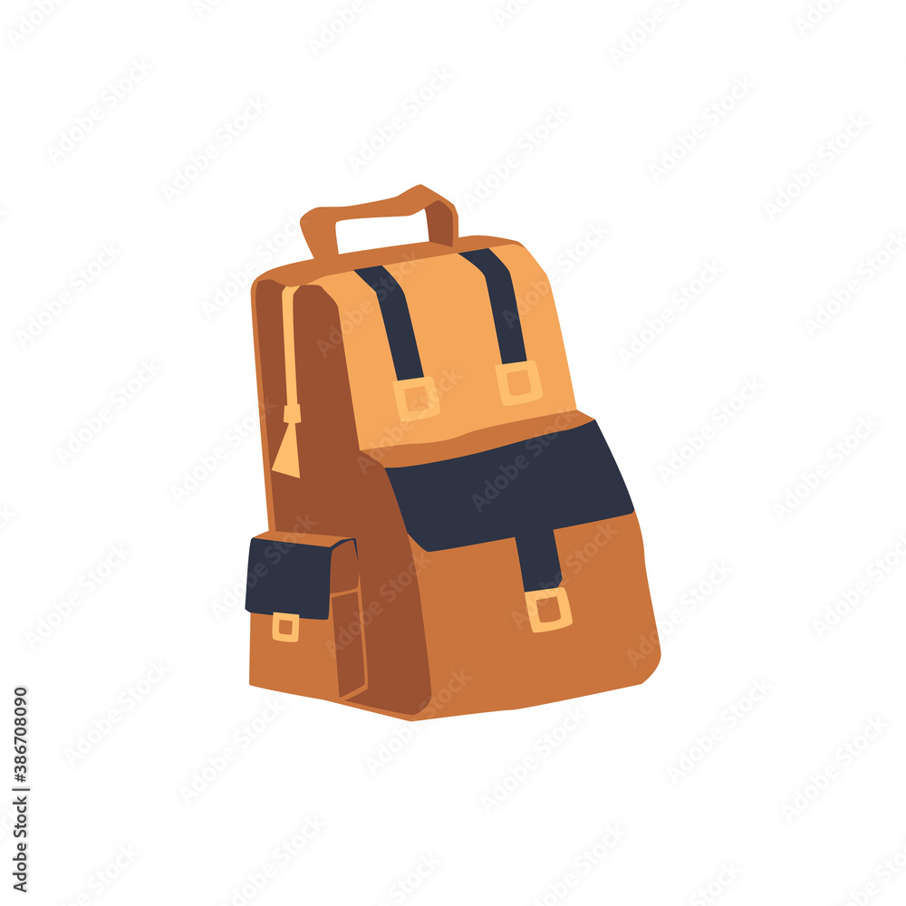 Brown backpack for traveling and backpacking, flat vector illustration isolated. Brown backpack for traveling and backpacking, flat vector illustration isolated.
