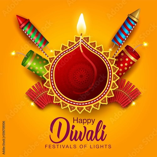  Happy Diwali celebration background. Top view of banner design decorated with fire crackers on yellow background. vector illustration