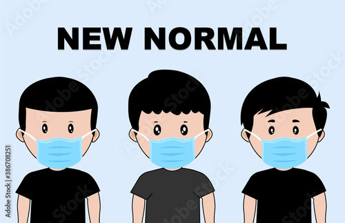 New normal concept. New lifestyle of People after the Coronavirus or COVID-19 disease pandemic. Men wearing mask and good practice to protect from COVID-19 coronavirus spread pandemic. Vector illustra