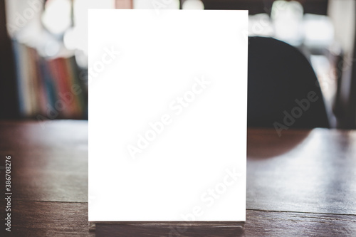 Mock up acrylic frame posters pattern template forms background, blank menu frame on table in coffee shop stand for your text of display your product photo