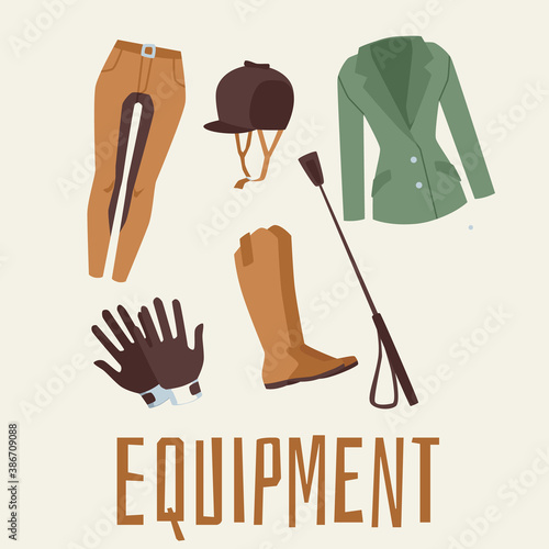 Equestrian sport equipment items set flat cartoon vector illustration isolated.