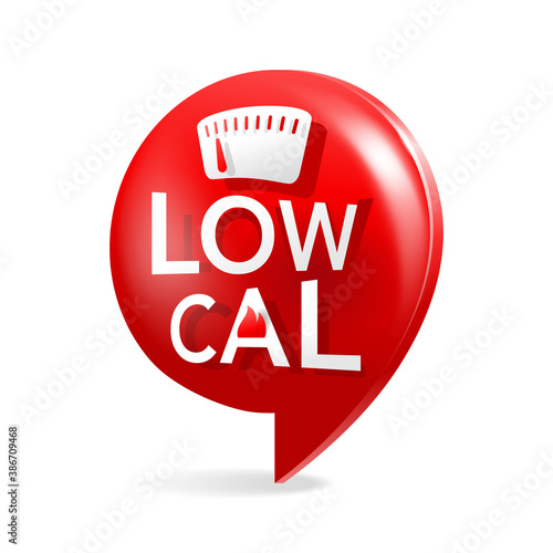 Low Cal 3D icon - combination of pin mark and weight scales - pictogram for dietary low-cal food products - isolated vector emblem