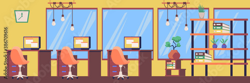 Horizontal modern office interior for work, flat cartoon vector illustration