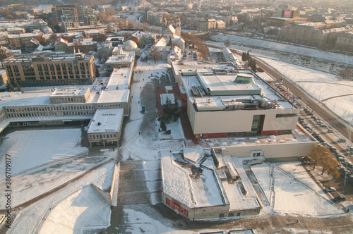 Aerial view of vilnius old town from the modern skyscraper in Europa center