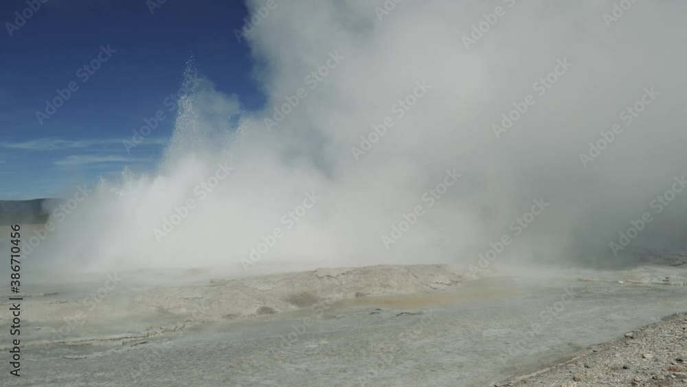 Fountain Geyser erupts violently in Yellowstone National Park's Lower Geyser Basin emitting plumes of boiling water and steam Fountain Geyser erupts violently in Yellowstone National Park's Lower Geyser Basin emitting plumes of boiling water and steam
