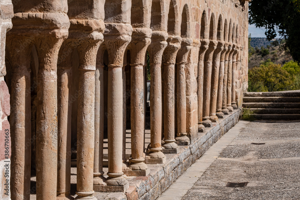arcaded gallery of semicircular arches on paired columns, Church of the Savior,   13th century rural Romanesque, Carabias, Guadalajara, Spain