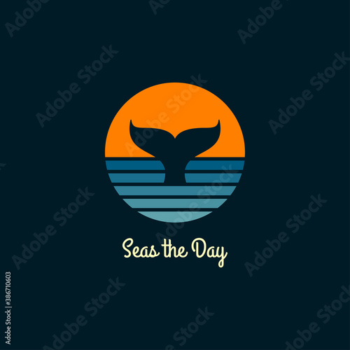 Whale round logo. Sea or ocean with sun